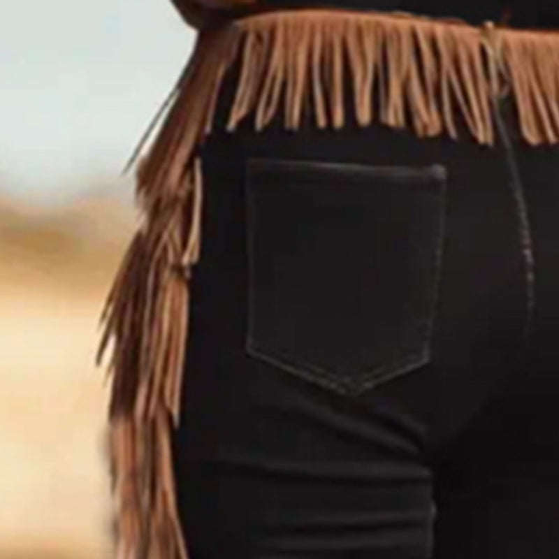 Women's Vintage Western Fringe Pants, Solid Color Slim Fit Trousers With Waist And Leg Fringe Detail LittleYogaSocks