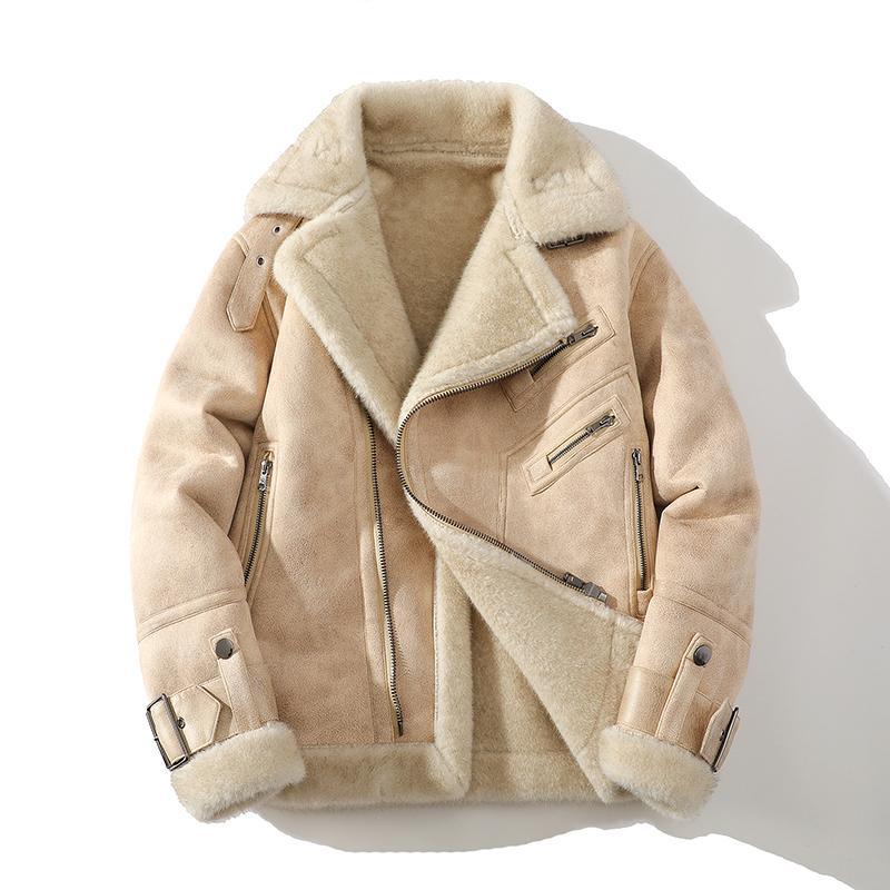Men's Loose Plus Size Fur Integrated Fleece Lined Padded Warm Keeping Lapel Casual Jacket LittleYogaSocks