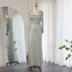 Gray long-sleeve fishtail dress with high-waist design, raglan sleeves, and lace accents VELORIA - Thread of Generations