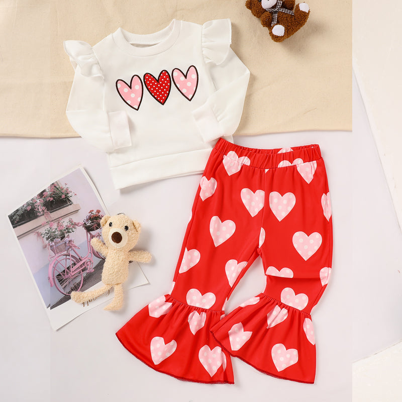Toddler Girl's Heart Print 2-Piece Set, Crewneck Long Sleeve Ruffle Top & Flare Leg Pants VELORIA - Thread of Generations