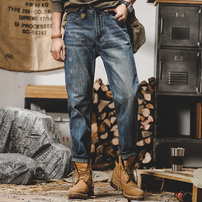 American Retro Classic-inspired men's jeans with a modern fit and durable construction. The rich indigo wash and quality denim hold their shape through everyday wear, making them a versatile wardrobe essential. LittleYogaSocks
