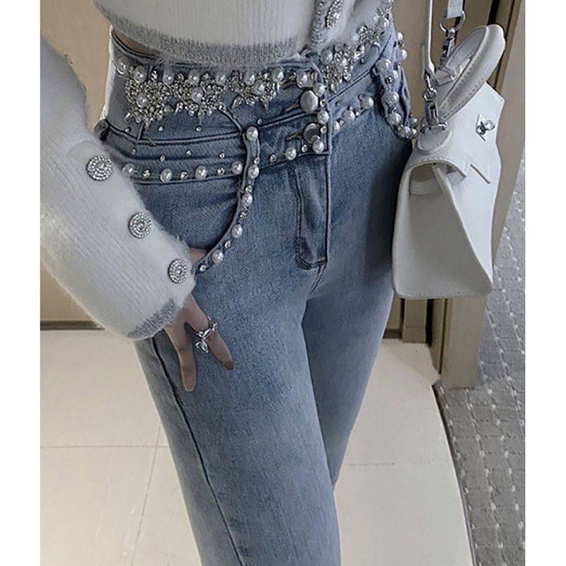 High Rise Single Breasted Jeans With Beads And Wool Stitching LittleYogaSocks