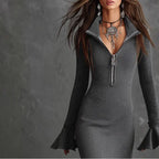 Women's Half Zip Bodycon Dress - Flared Sleeve & Fishtail Hem Long Sleeve Dress VELORIA - Thread of Generations