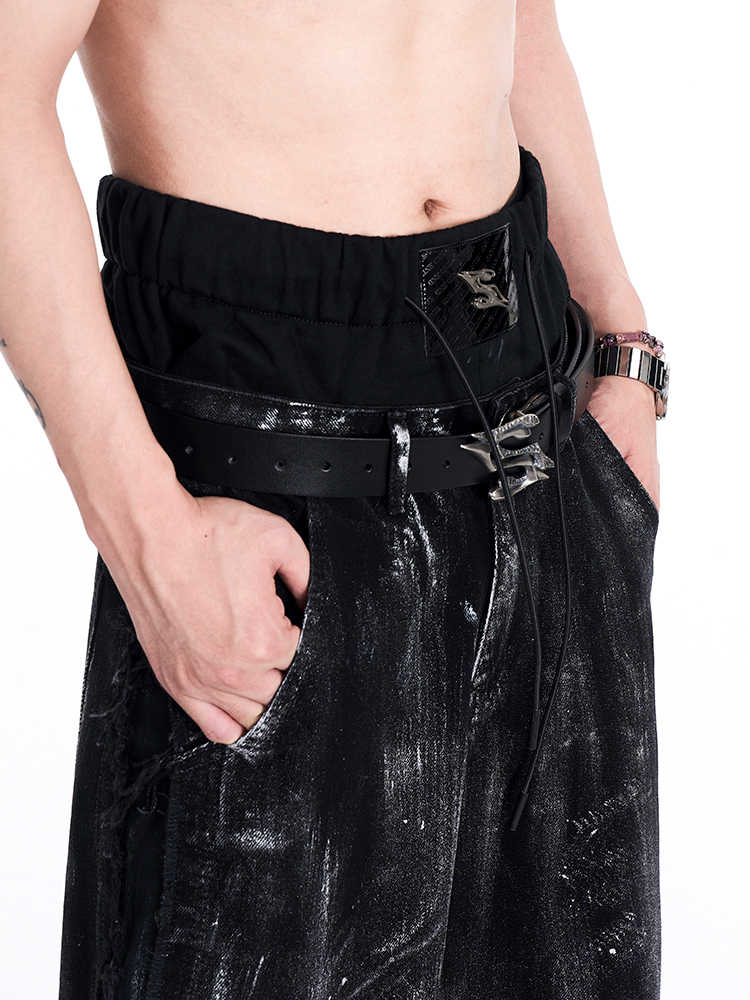 Metal Letter Two-layer Leather Men's Leather Belt LittleYogaSocks