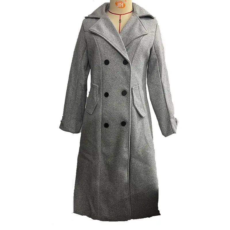 Women's Fall Winter Double Breasted Wool Coat Long Sleeve Notch Lapel Midi Long Trench Coat VELORIA - Thread of Generations
