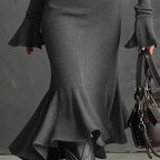 Women's Half Zip Bodycon Dress - Flared Sleeve & Fishtail Hem Long Sleeve Dress VELORIA - Thread of Generations