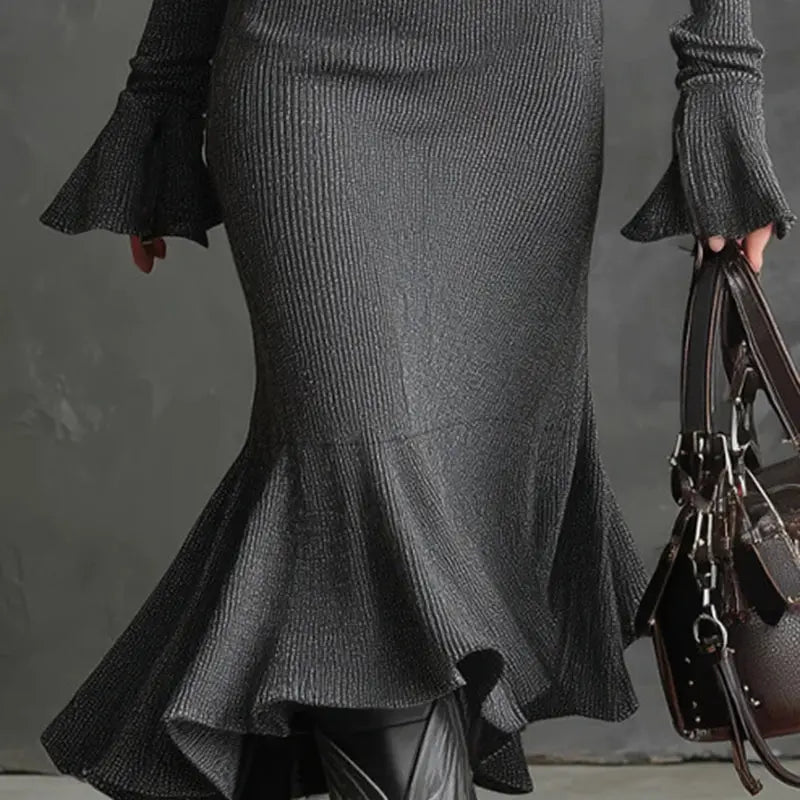 Women's Half Zip Bodycon Dress - Flared Sleeve & Fishtail Hem Long Sleeve Dress VELORIA - Thread of Generations