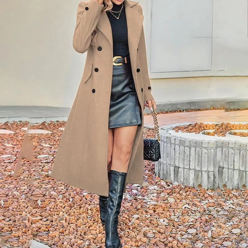 Women's Fall Winter Double Breasted Wool Coat Long Sleeve Notch Lapel Midi Long Trench Coat VELORIA - Thread of Generations